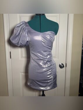 Iridescent Metallic Lavender One Shoulder Puff Sleeve Ruched Mini Cocktail Dress
